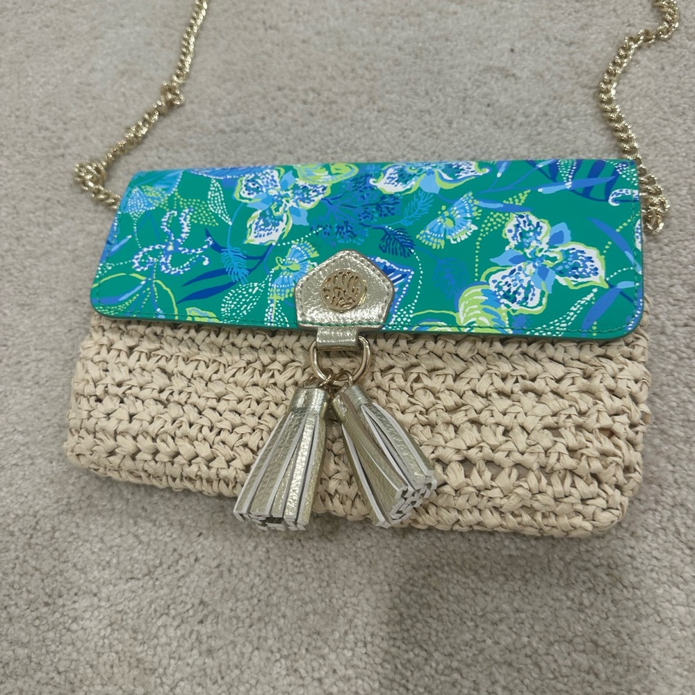 Lilly Pulitzer Blue Floral and Tan Woven Clutch